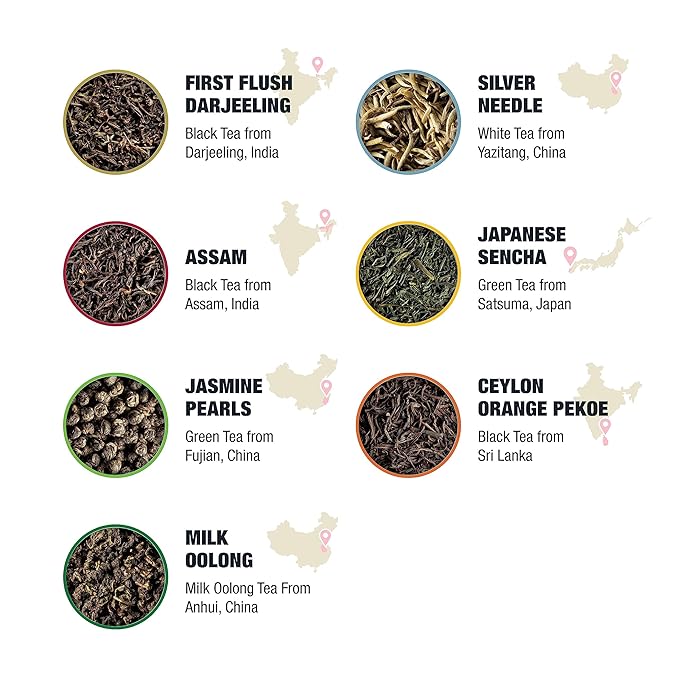 Tiesta Tea - Single Origin Tea Sampler Dry Flight Set, Loose Leaf, High to Low Caffeine, Makes Hot & Iced, Assorted Brew Sets with Green, White, Black & Oolong, 7 Resealable Sample Pouches
