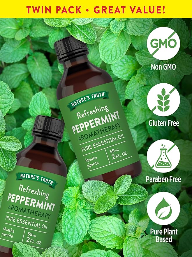 Nature's Truth Peppermint Essential Oil | Diffuser, Shower, or Bath | 2 Pack of 2 Fluid Ounces (59 mL) | Mentha Piperita | Plant Based, Non-GMO & Gluten Free