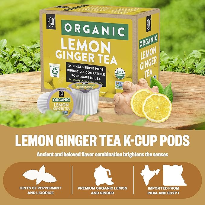 FGO Organic Premium Lemon Ginger Tea K-Cup Pods for Keurig, 24 Count (Pack of 1), Naturally Caffeine-Free Herbal Tea is USDA Organic, Non-GMO, & Recyclable