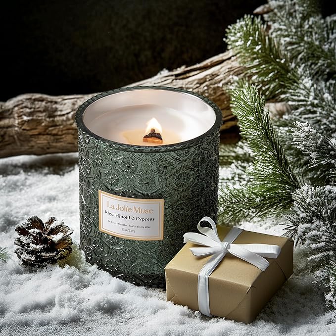 LA JOLIE MUSE Christmas Candle | Kōya Hinoki & Cypress | Pine, Hinoki & Cedarwood | 19 oz Wooden Wick Soy Candle | 90-Hour Burn | Cozy Winter & Christmas Gift