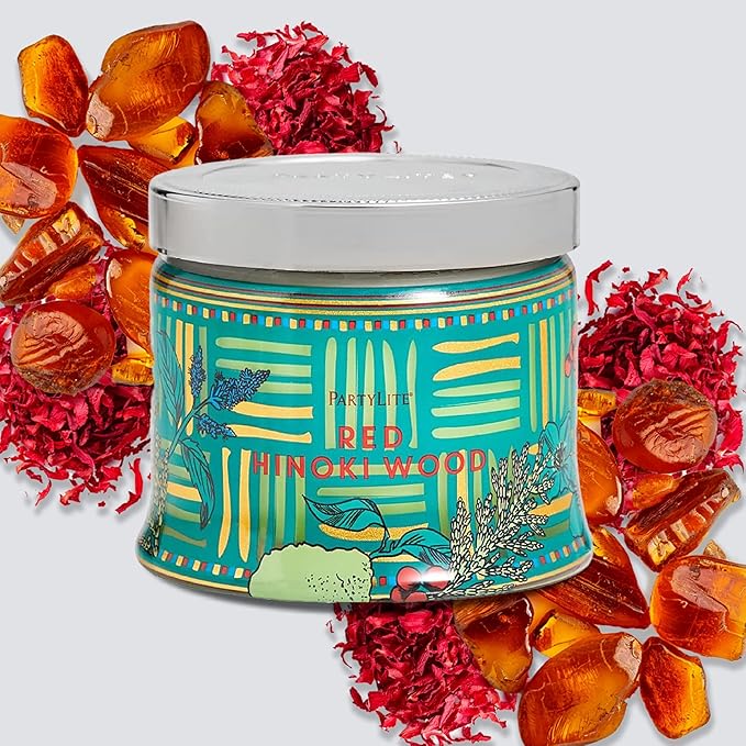 PartyLite 3-Wick Jar Candle, Highly Fragranced Clean Burning Glass Candle, 25-45 Hours Burn Time (Red Hinoki Wood)