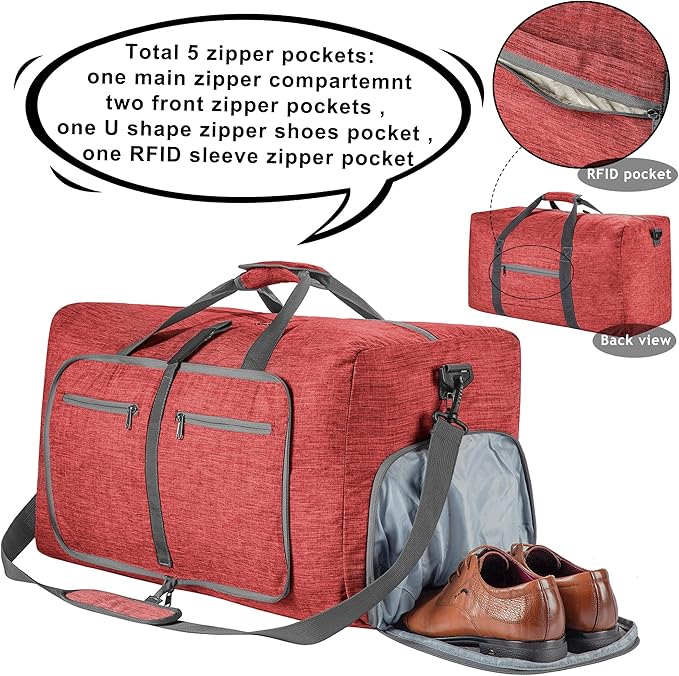 Vomgomfom 65L/85L/115L Foldable Travel Duffle Bag, Lightweight Checked Luggage with Shoe Compartment, Water-Resistant Weekender Overnight Bag for Men & Women