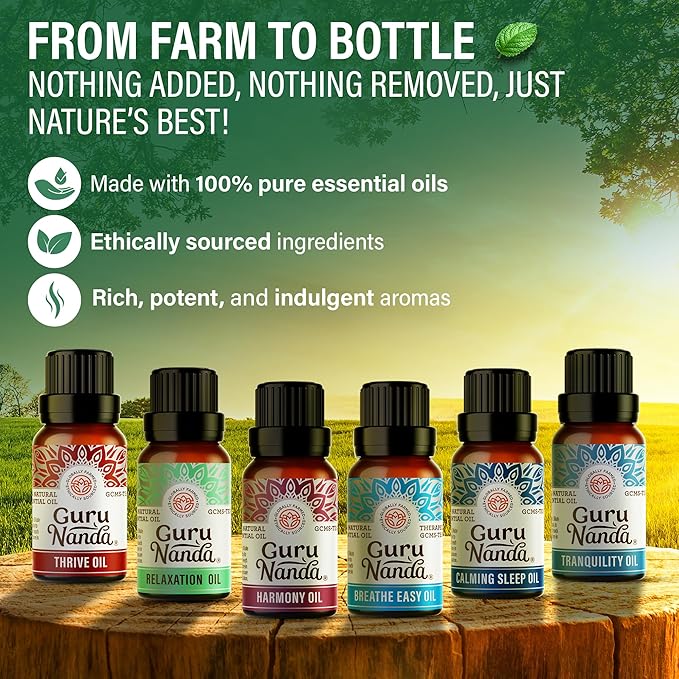 GuruNanda Essential Oil Blends (Set of 6) - Natural Essential Oil Set, Aromatherapy Oil Blends for Diffusers - Breathe Easy, Tranquility, Harmony, Calming Sleep, Relaxation & Thrive