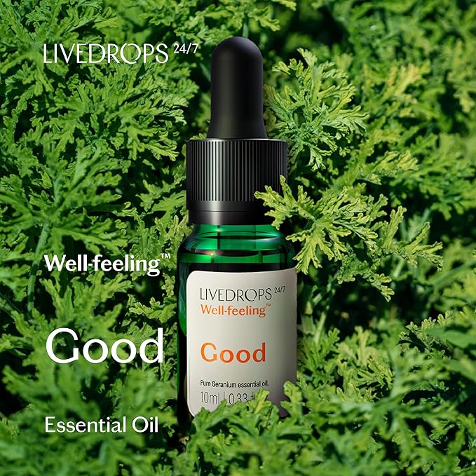 LIVEDROPS 24/7 Good Geranium Essential Oil, Natural Vegan Aromatherapy for Diffuser or Diluted Skin Use, Rosy Floral Scent, Origin Egypt, Made in USA, Clinically Tested, 10ml