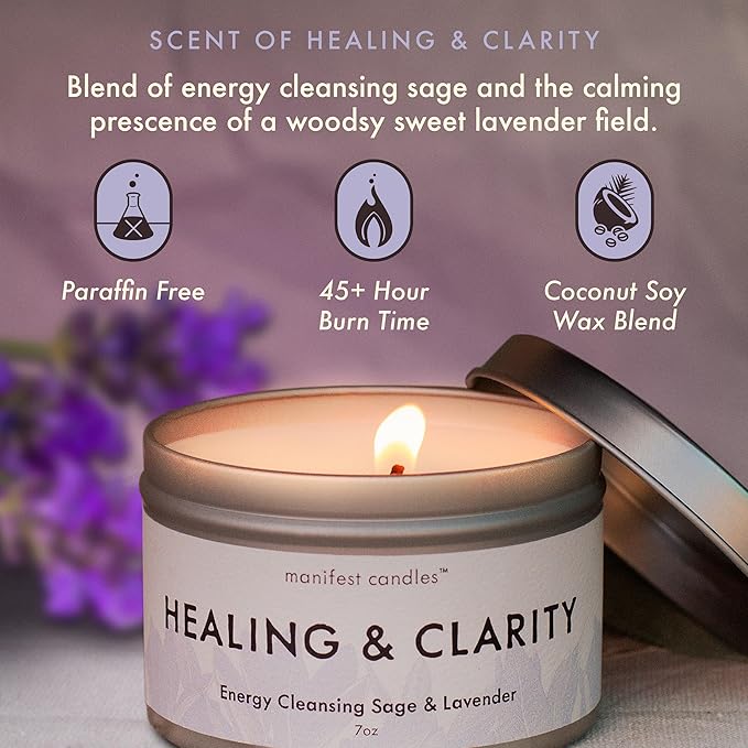 Lavender & Sage Healing Candle with Crystals Bracelet, 45 Hour Burn, Healing Spiritual Gifts for Women and Men, Healing Crystals and Stones, Manifestation Candle, Spiritual