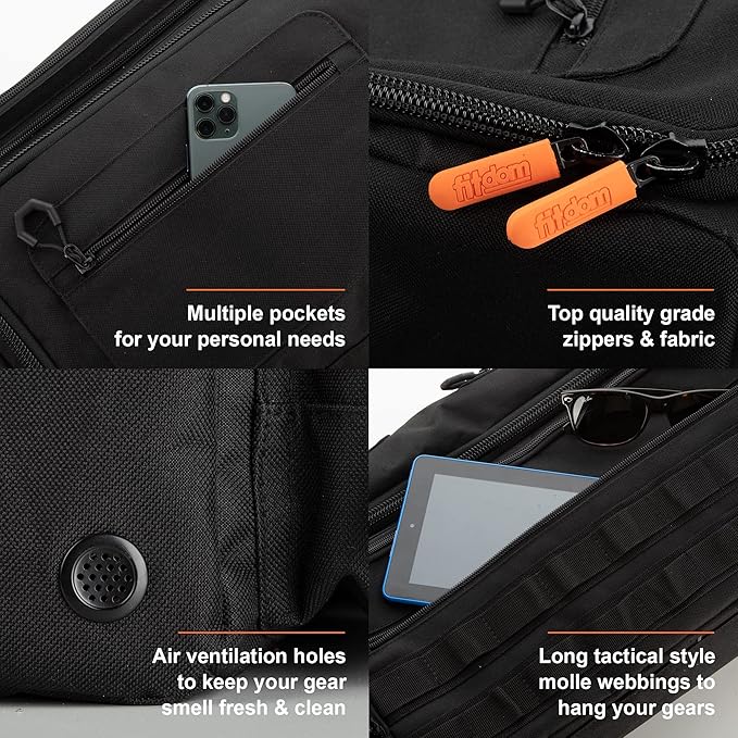Fitdom Tactical Inspired Yoga Bag for Adult Men. Heavy Duty Yoga Bags and Carriers Fits All Your Stuff. Yoga Mat Bag with Expandable Compartment for 2 Yoga Blocks & Multiple Pockets - Yoga Mat Carrier