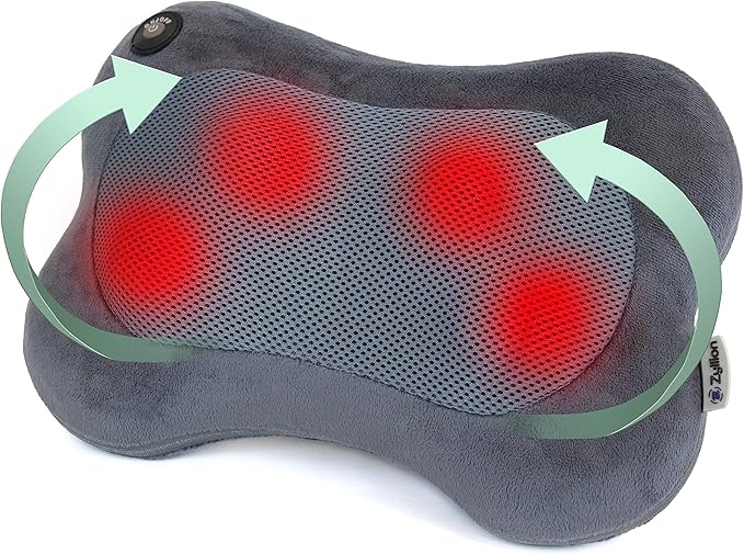 Zyllion Shiatsu Back and Neck Massager with Heat - 3D Electric Kneading Deep Tissue Massage Pillow for Muscle Pain Relief, Slate, ZMA-13