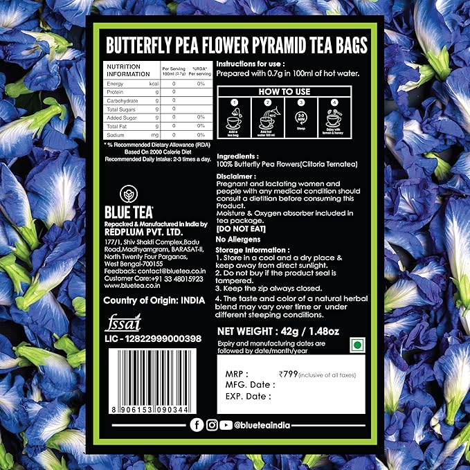 BLUE TEA - Butterfly Pea Flower Tea - 60 Count - Pyramid Plant Based Tea Bag | ANTIOXIDANT RICH | Caffeine Free - Flower Based - Herbal Tea - Chemical Free - Non Bitter | Zipper Pack