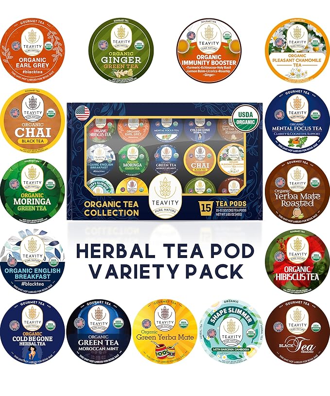 Organic Tea Pods Variety Pack - Assorted Sampler Pack Compatible for Keurig Brewer and Coffee Maker - Earl Grey, English Breakfast, Chai, Chamomile - Herbal Tea Pod for K Cup Keurig Brewing -15 count (Pack of 1) by Teavity