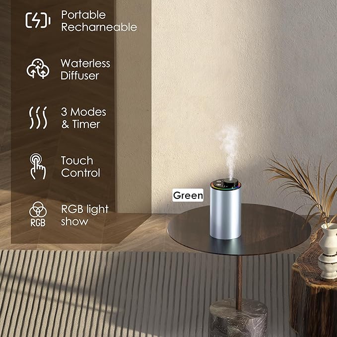 Waterless Essential Oil Diffuser, Portable Aromatherapy Diffuser,3 Countdown Timers & 3 Mist Levels for Home, Room, Car, Office (Blue)