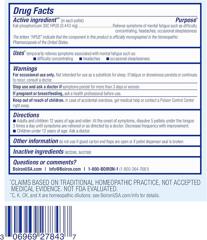 Boiron Kali Phosphoricum 30C Homeopathic Medicine for Headaches, Sleeplessness, Mental Fatigue, and Concentration Difficulties - 3 Count (240 Pellets) (Pack of 2)