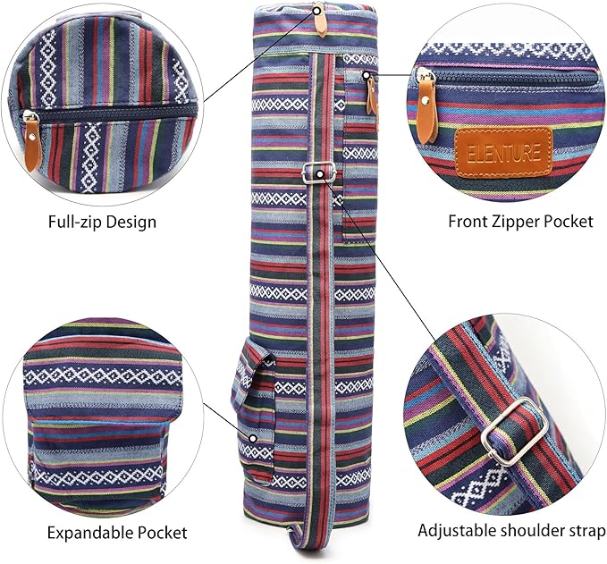 ELENTURE Canvas Yoga Mat Bag with Adjustable Strap & Pockets, Full-Zip Travel Gym Tote for Women & Men, Fits 1/4" & 1/3" Thick Mats, Lightweight Carrier for Yoga, Workout, Outdoor Use
