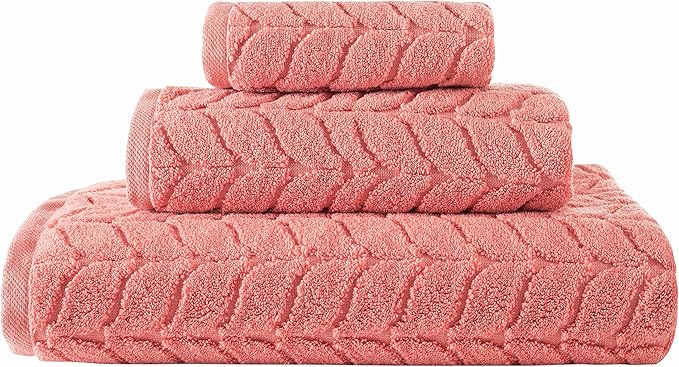 BAGNO MILANO Turkish Bath Towels, Soft Plush Jacquard Luxury Bath Towels, Quick Dry Towel Set (Coral Red, 3 pcs Towel Set)