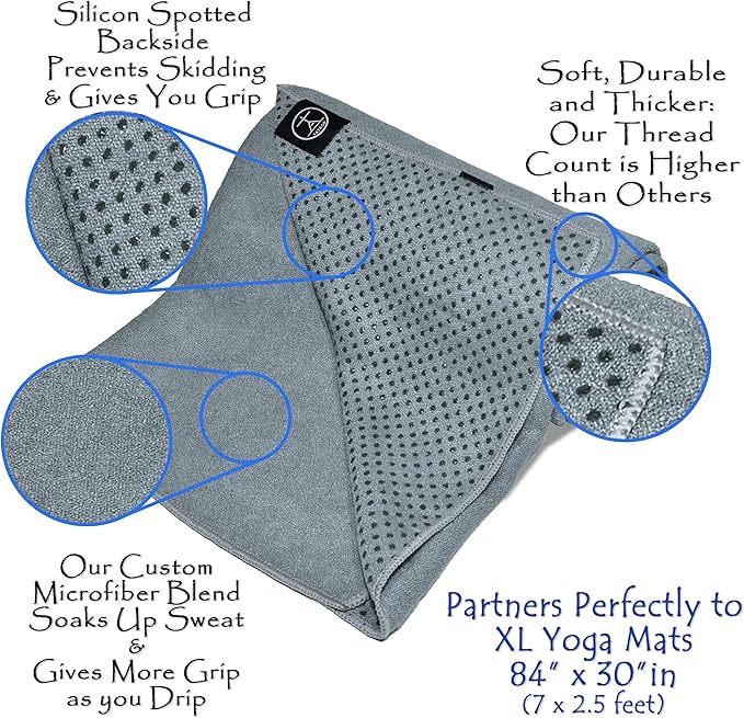 Tatago Hot Yoga Mat Towel Non Slip for Hot Yoga (72-84 inch Mats) Our Hot Yoga Towel Non Slip Silicone Dabs & Absorbent Microfiber Blend Gives You More Grip As You Drip! (Nube Gris, XL - 84")