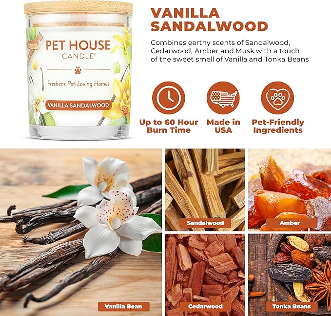 One Fur All Pet House Candle 2 Pack - Plant-Based/Soy - Clean Burning Scented, Long Lasting Pet Odor Candle for Home - Vanilla Sandalwood, Vanilla Creme Brulee