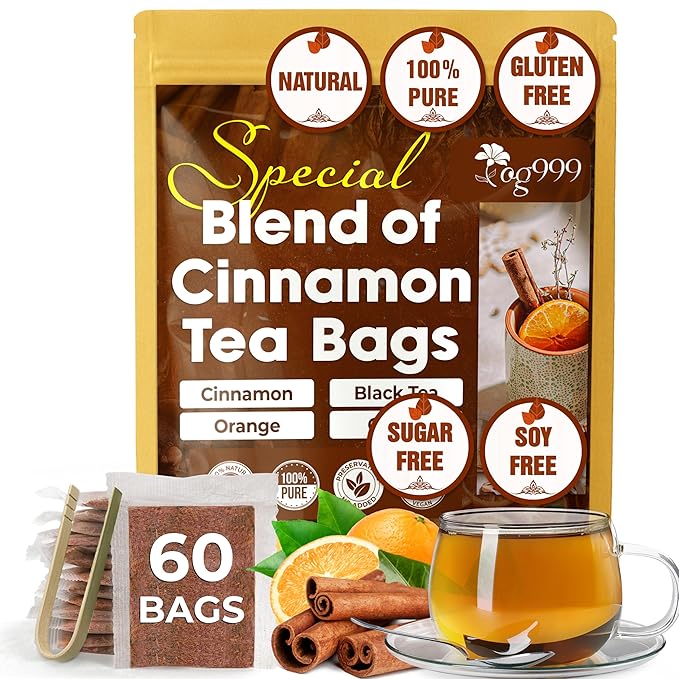 TOG999, 60 Tea Bags – Special Blend of Cinnamon, Black Tea, Orange Peel and Cloves, 100% Natural Ingredients, Hand-made Blend Herbal Tea. Eco-conscious Tea Bags. No Sugar, No Caffeine, No Gluten, Vegan.