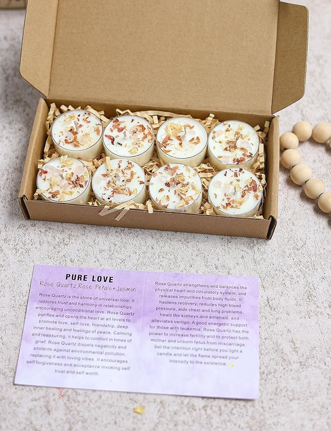 Tealight Candles with Crystals and Herbs, Handmade Energy Candles. (White)