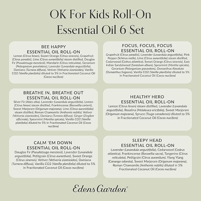 Edens Garden OK for Kids Essential Oil Roll-On 6 Set – 100% Pure Therapeutic Grade, Natural Aromatherapy Blends for Calm, Gentle & Gentle Skin Care – Pre-Diluted & Ready to Use, 10 ml Roll-On/ 6 Pack