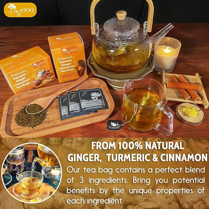 TOG999, Premium 20 Tea Bags Turmeric, Ginger, Cinnamon, 100% Natural, Hand-made Blend of Turmeric, Ginger, and Cinnamon Herbal Tea. Eco-conscious Tea Bags. No Sugar, No Caffeine, No Gluten, Vegan.