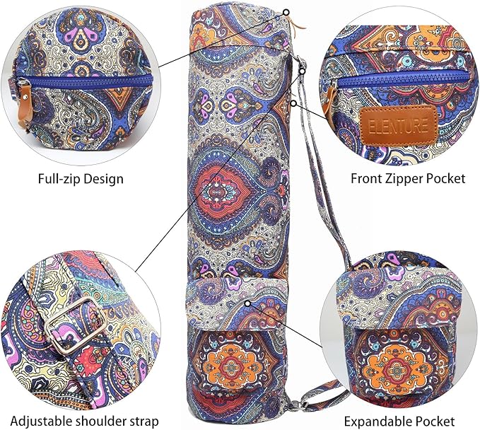 ELENTURE Canvas Yoga Mat Bag with Adjustable Strap & Pockets, Full-Zip Travel Gym Tote for Women & Men, Fits 1/4" & 1/3" Thick Mats, Lightweight Carrier for Yoga, Workout, Outdoor Use