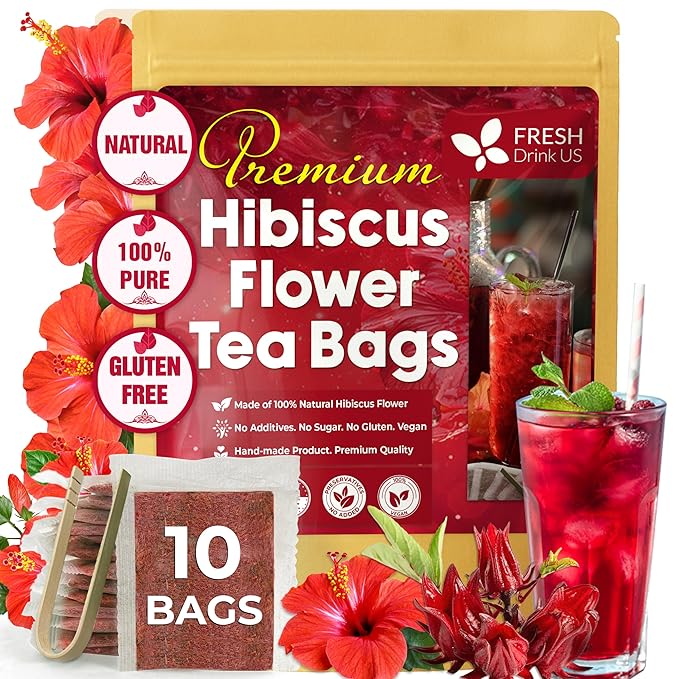 FreshDrinkUS, Premium 10 Hibiscus Flowers Tea Bags, 100% Natural, Pure from Hibiscus Flowers. Loose Flower Herbal Tea. No Sugar, No Caffeine, No Gluten, Vegan.