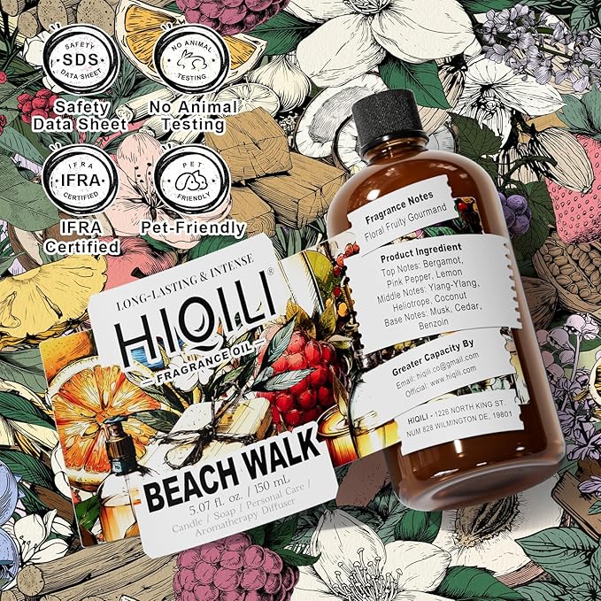 HIQILI Beach Walk Fragrance Oil for Diffuser & Humidifier, Candle & Soap Making, Luxury Hotel Scents, Perfect as a Gift - 5.07 Fl Oz