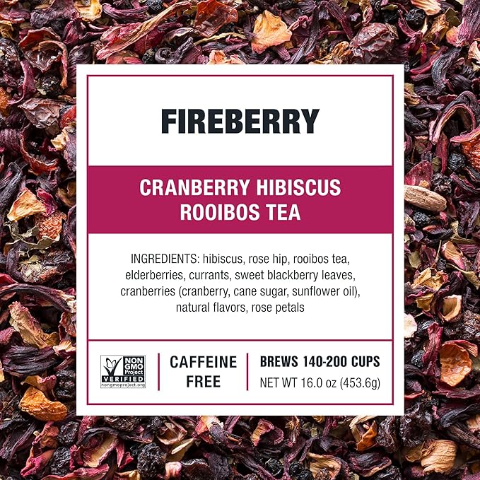 Tiesta Tea - Cranberry Hibiscus Rooibos Tea, Fireberry, Loose Leaf, Herbal Blend with Hibiscus, Cranberry, Currants, Rooibos, Enjoy Hot or Iced, 200 Cups in Resealable Pouch, 16 Ounce
