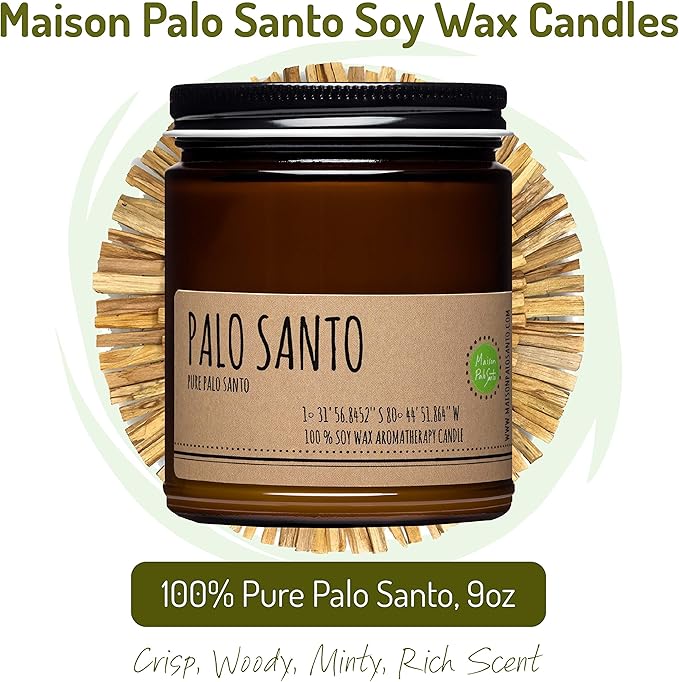 Raw Genuine Palo Santo Essential Oil from Ecuador Aromatherapy Candle 9oz Handcrafted in USA with Natural Soy Wax for Purification & Cleansing Free Palo Santo Stick Included