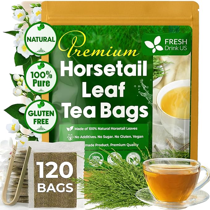 FreshDrinkUS, Premium 120 Horsetail Leaf Tea Bags, 100% Natural & Pure from Horsetail Loose Leaves Herbal Tea. Made with Natural Material Tea Bags. No Sugar, No Caffeine, No Gluten, Vegan.