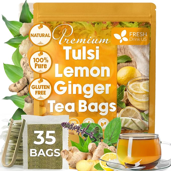 FreshDrinkUS, Premium 35 Tulsi Lemon Ginger Tea Bags, 100% Natural & Pure from Tulsi Holy Basil Leaves, Lemon and Ginger. Made with Natural Material Tea Bags. No Sugar, No Caffeine, Vegan.