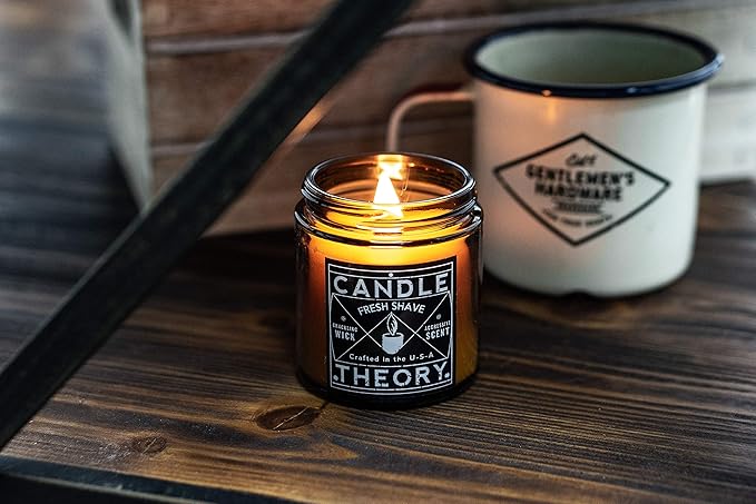 Candle Theory Man Cave Stuff Men 4oz Candles Set of 3, Crackling Woodwick Masculine Scent, Warm Tobacco Cigar, Smoked Suede, Fresh Shave