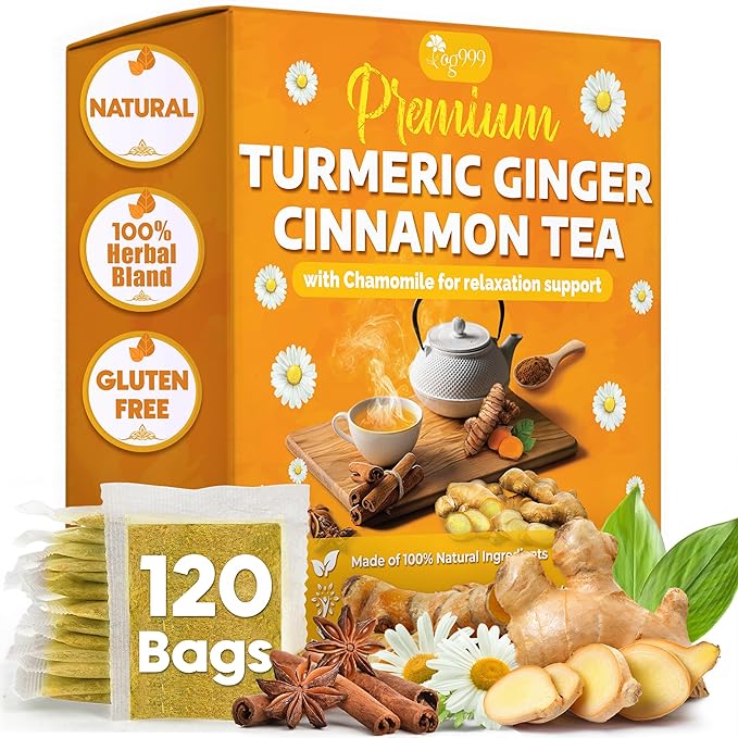 TOG999, Turmeric Ginger Cinnamon Tea Bags | 120 Count | Herbal Blend with Turmeric, Ginger, Cinnamon Stick & Chamomile Flowers for Relaxation | Naturally Flavorful, Caffeine-Free | Packed in Paper Box