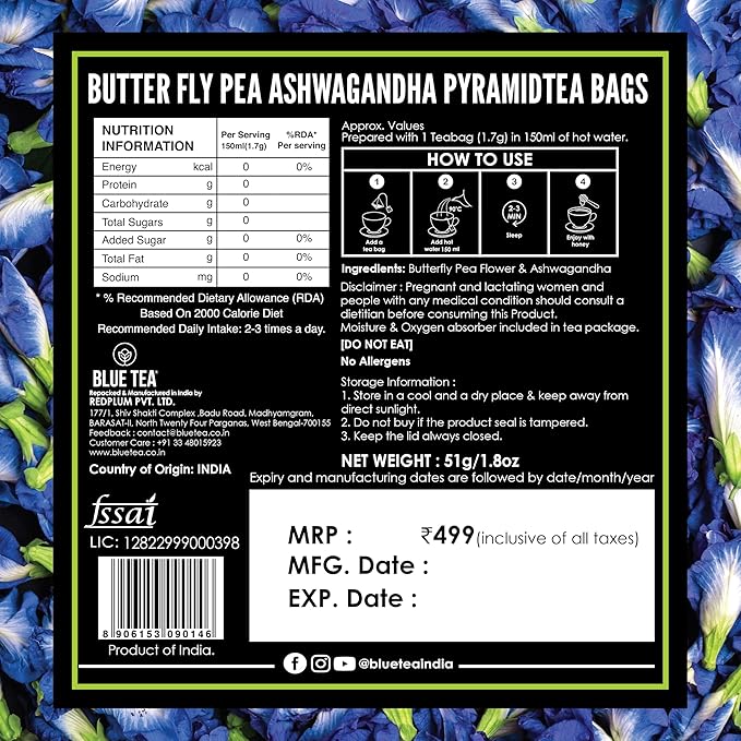 BLUE TEA - Blue Flower Ashwagandha Tea Bags - 30 Pyramid Tea Bags Used in Food, Iced Tea, Cooler, Mocktails | Eco-Conscious Tin Pack - GIFT |