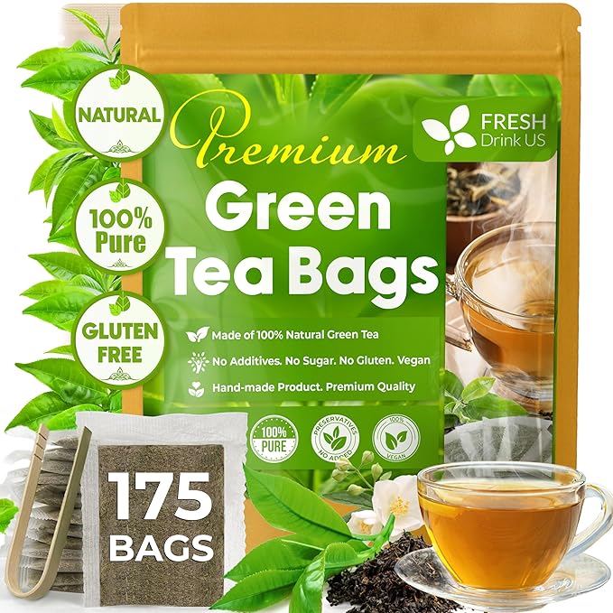 FreshDrinkUS, Premium 175 Green Tea Bags, 100% Natural & Pure from Green Tea. Green Herbal Tea. Made with Natural Material Tea Bags. No Sugar, No Gluten, Vegan