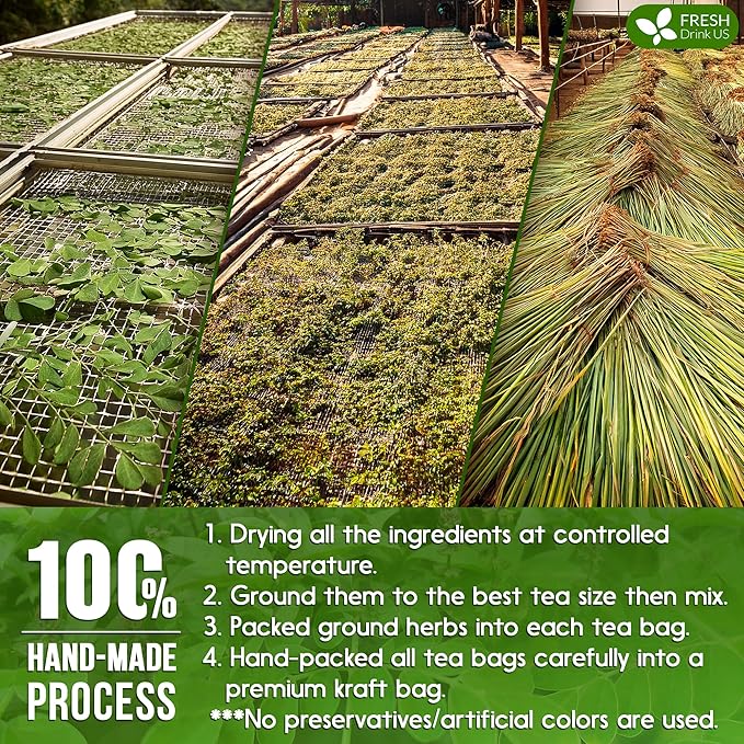 FreshDrinkUS, Premium 135 Tea Bags Tulsi Moringa Lemongrass, 100% Natural & Pure from Tulsi Holy Basil Leaves, Moringa & Lemongrass. Made with Natural Material Tea Bags. No Sugar, No Caffeine, Vegan.