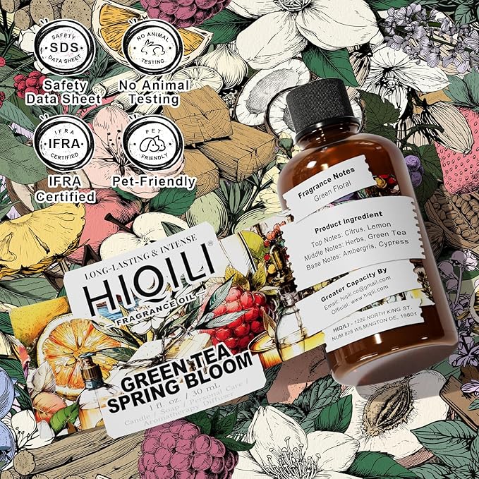HIQILI Green Tea Spring Bloom Fragrance Oil for Diffuser, Inspired by Eliz.Ar-den Grn Tea, DIY Perfume, Candle, Soap Making, Long Lasting Uplifting & Crisp Scents - 1 Fl Oz