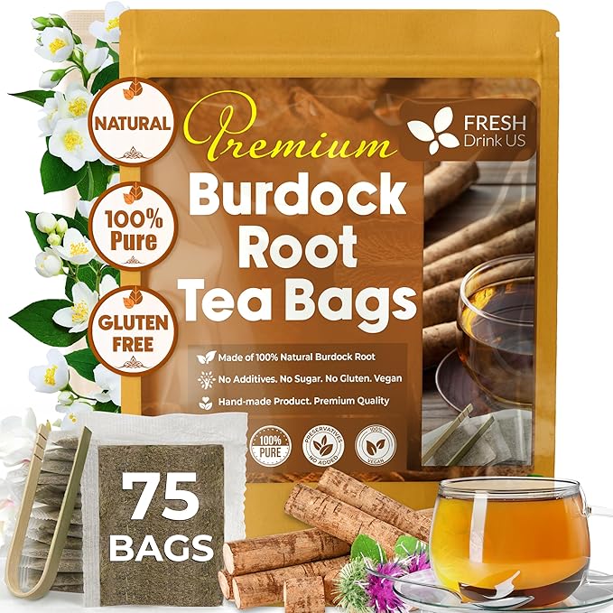 FreshDrinkUS, Premium 75 Burdock Root Tea Bags, 100% Natural & Pure from Burdock Root. Made with Natural Material Tea Bags. No Sugar, No Caffeine, No Gluten, Vegan.