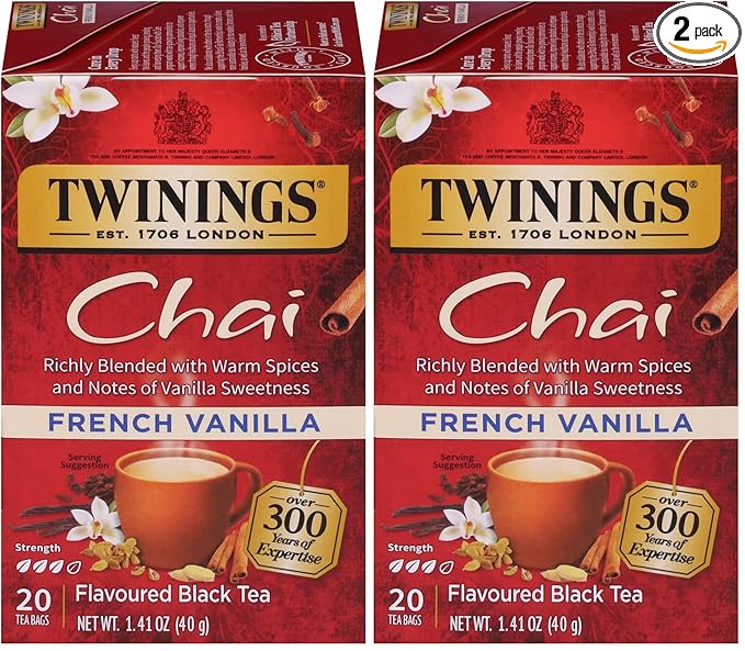 Twinings French Vanilla Chai Black Tea Individually Wrapped Bags, 20 Count (Pack of 2), Warm, Sweet & Spicy, Caffeinated, Enjoy Hot or Iced, 20 Teabags