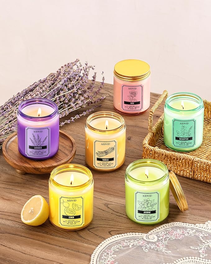 AOOVOO Scented Candles for Women - 6 Pack Colorful Jar Candle for Home Scented, 42oz Soy Candles, 300 Hours Burn Time, Aromatherapy Candles Gifts Set for Birthday