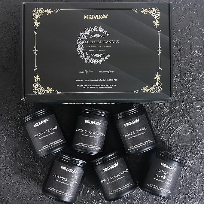 MILIVIXAY Scented Candles for Men-6 Pack Soy Wax Candles for Home Scented, 300 Hour Burn Time, Lavender Woods/Vintage Leather/Smoke & Vanilla/Sandalwood & Oud/Mahogany & Teakwood/Rose & Sandalwood.