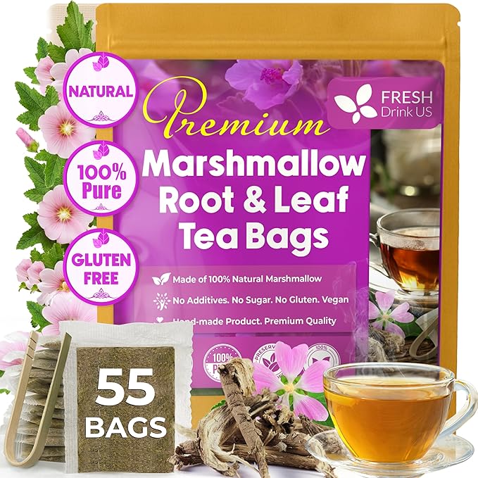 FreshDrinkUS, Premium 55 Marshmallow Root and Leaf Tea Bags, 100% Natural & Pure. Loose Leaf Marshmallow Herbal Tea. Made with Eco-Conscious Tea Bags. No Sugar, No Caffeine, No Gluten, Vegan.