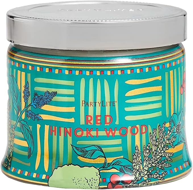 PartyLite 3-Wick Jar Candle, Highly Fragranced Clean Burning Glass Candle, 25-45 Hours Burn Time (Red Hinoki Wood)