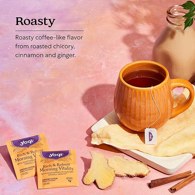 Yogi Tea Rich & Robust Morning Vitality - 16 Bags per Pack (6 Packs) - Organic Adaptogen Tea Perfect for the Morning - Includes Puerh Leaf, Roasted Chicory Root, Cinnamon Bark & More