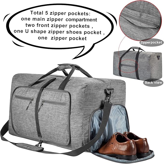 Vomgomfom 65L/85L/115L Foldable Travel Duffle Bag, Lightweight Checked Luggage with Shoe Compartment, Water-Resistant Weekender Overnight Bag for Men & Women
