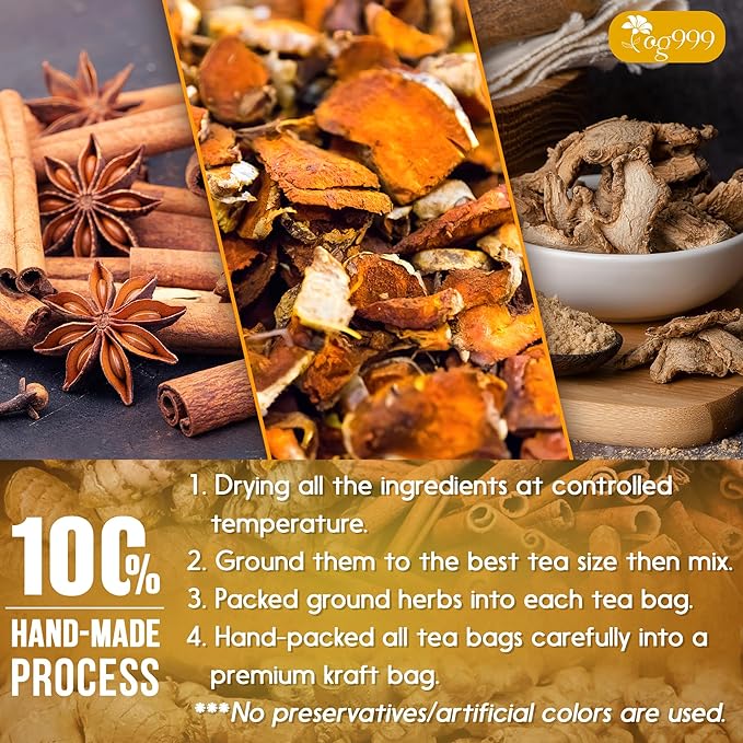 TOG999, Premium 20 Tea Bags Turmeric, Ginger, Cinnamon, 100% Natural, Hand-made Blend of Turmeric, Ginger, and Cinnamon Herbal Tea. Eco-conscious Tea Bags. No Sugar, No Caffeine, No Gluten, Vegan.