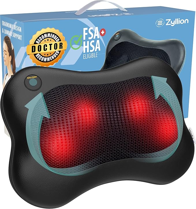 Zyllion Shiatsu Back and Neck Massager with Heat - 3D Electric Kneading Deep Tissue Massage Pillow for Muscle Pain Relief, Black, ZMA-13