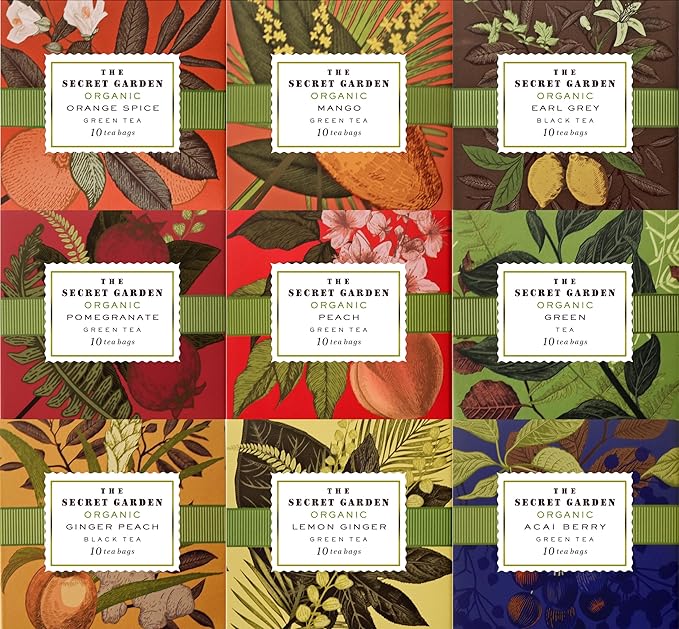 Premium Organic Holiday Tea Bag Sampler Gift Box - 90 Bags 9 Exotic Flavors Herbal Orange Spice, Mango, Earl Grey, Pomegranate, Peach, Green, Ginger Peach, Lemon Ginger, Acai Berry
