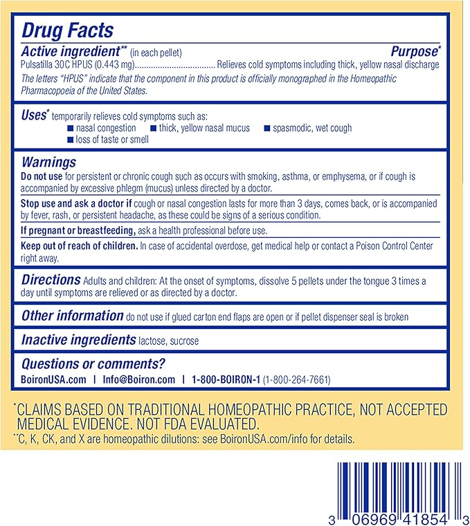Boiron Pulsatilla 30C Homeopathic Medicine for Relief from Cold, Nasal Congestion, Thick Mucus, and Cough - 3 Count (240 Pellets) (Pack of 2)