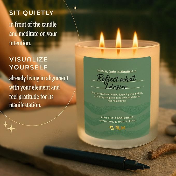 Large 14.5oz 3 Wick Zodiac Water Cancer Pisces Scorpio Zodiac Gifts for Women - 60 Hour Burn - Astrology Gifts for Women, Healing Manifestation Spiritual Candles, Intention Meditation Candle