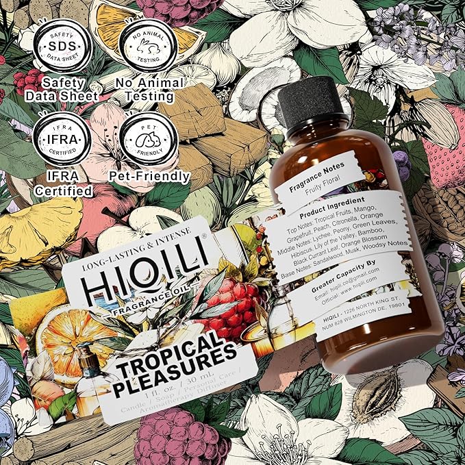 HIQILI Tropical Pleasures Fragrance Oil for Diffuser, Inspired by Est.Lau-der Plea.Exotic, Candle & Soap Making, DIY Perfume & Body Scrubs, Long-Lasting Fruity Floral Aroma - 1 Fl Oz